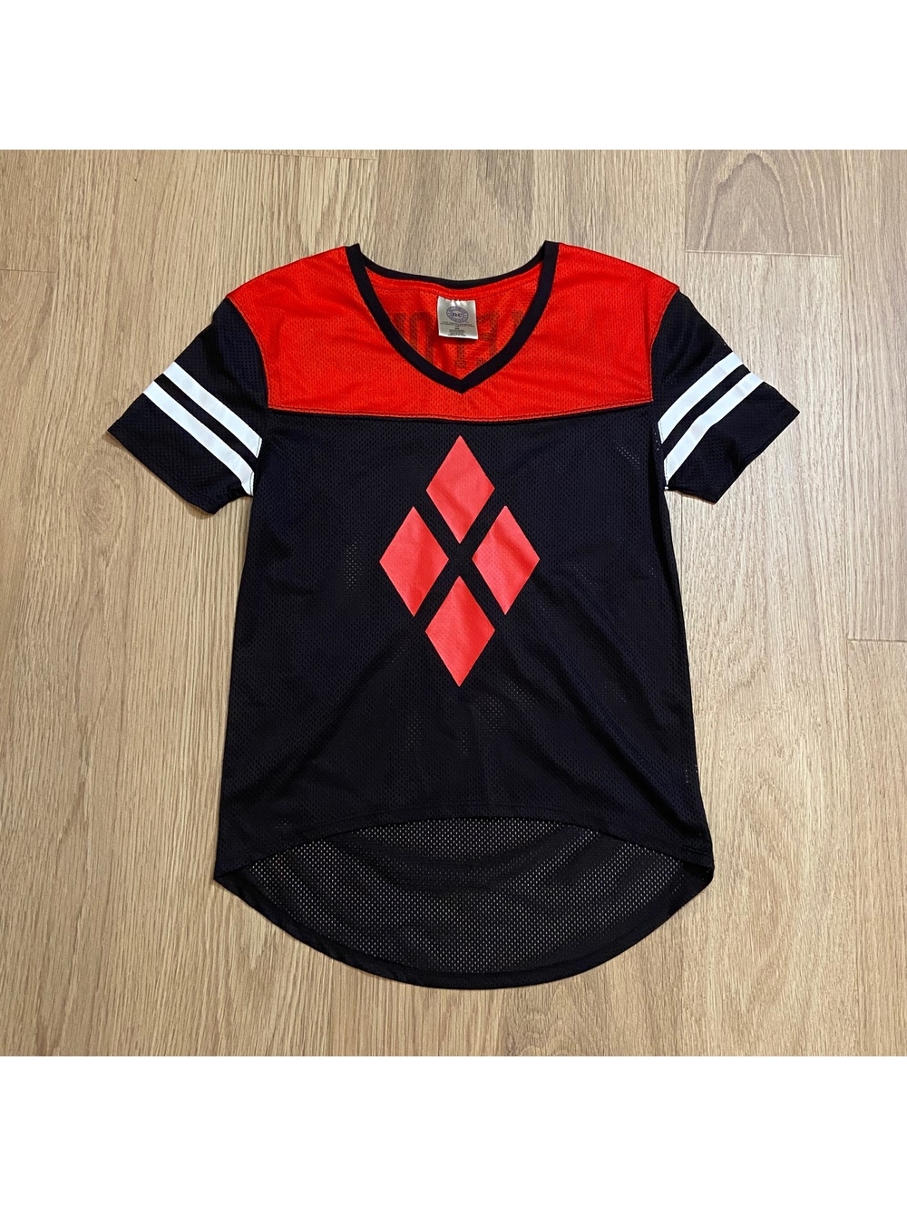 DC Comics Harley Quinn Black Red Mesh Jersey Shirt with Diamond Graphic
